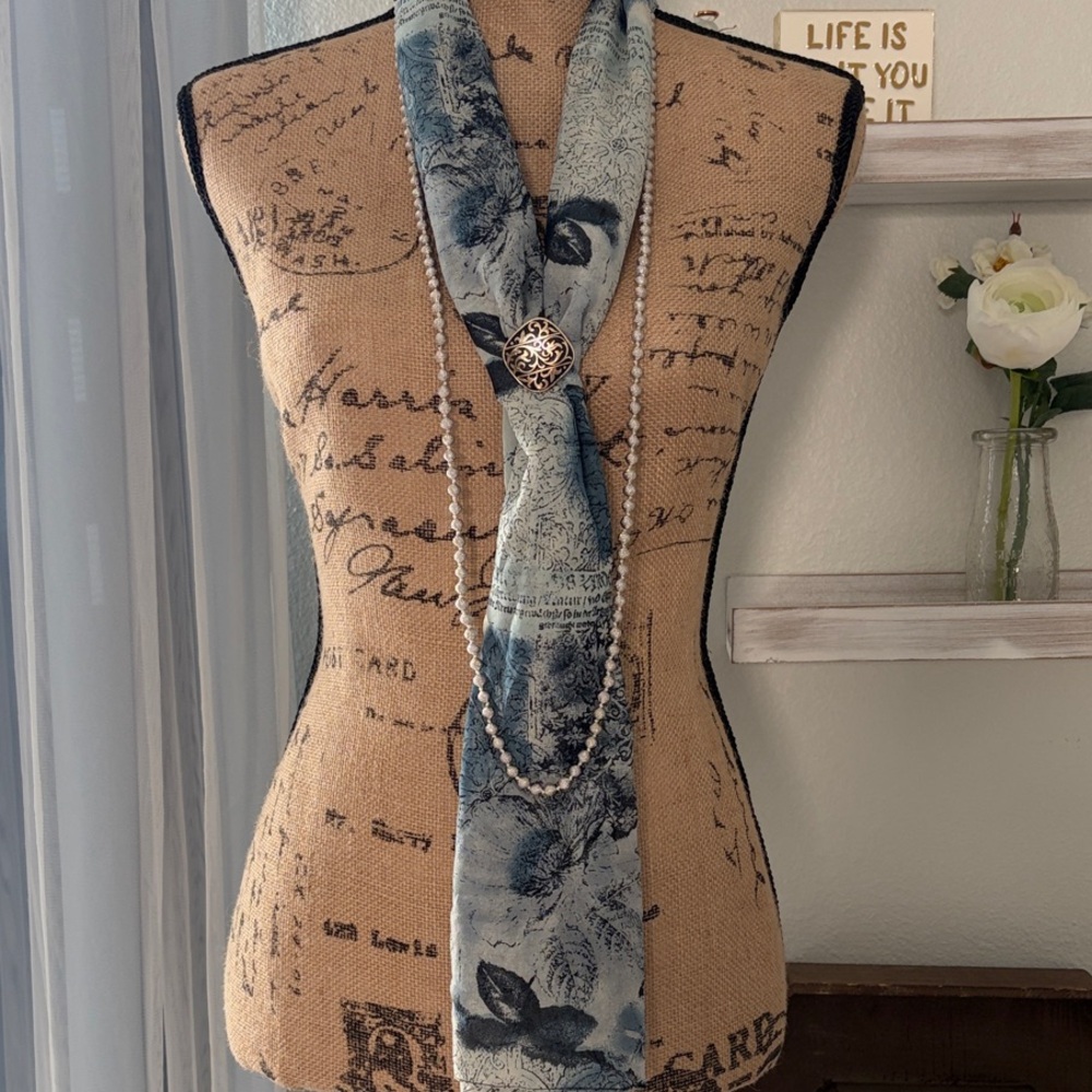 Blue Floral Scarf W/ Scarf Clip & Joan Rivers Silver Tosade Collection Necklace